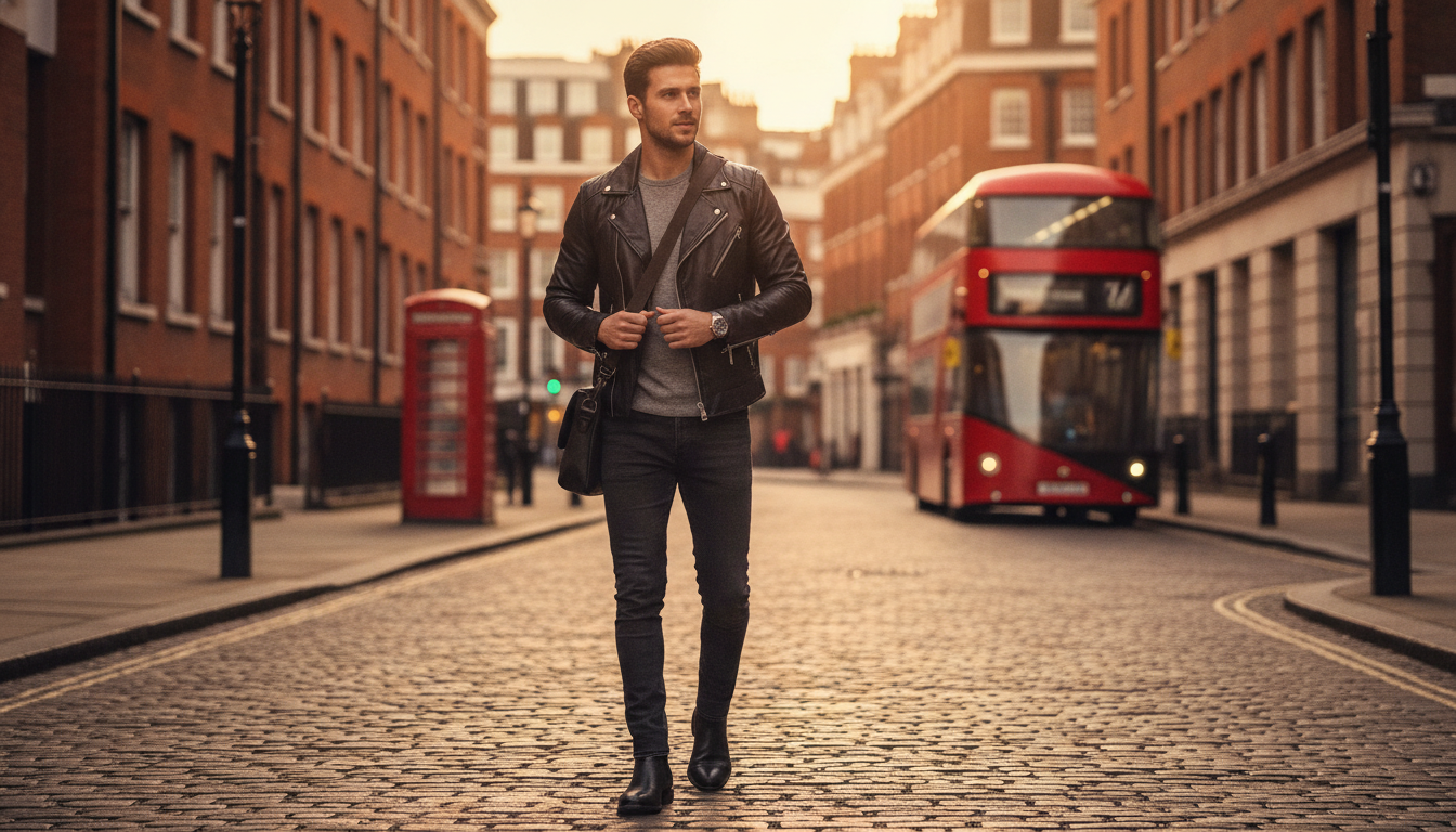 A stylish young man wearing a cool black leather jacket, walking down a street in London, realistic, professional photography, warm colors