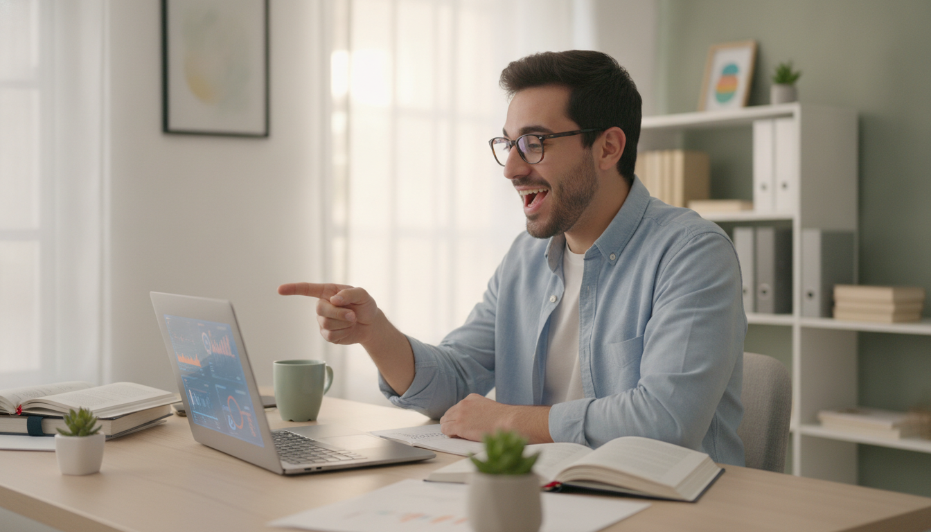 A young Hispanic adult studying at a desk with a laptop, looking happy and having an 'aha!' moment. In the background, a clean and modern home office setting with friendly lighting.