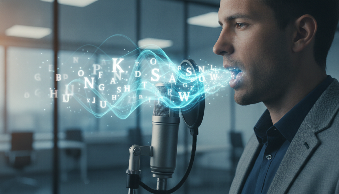 A close-up of a person speaking into a microphone with light sound waves coming out of their mouth, but some letters of the English alphabet are fading away or semi-transparent to represent silent letters, modern corporate style.