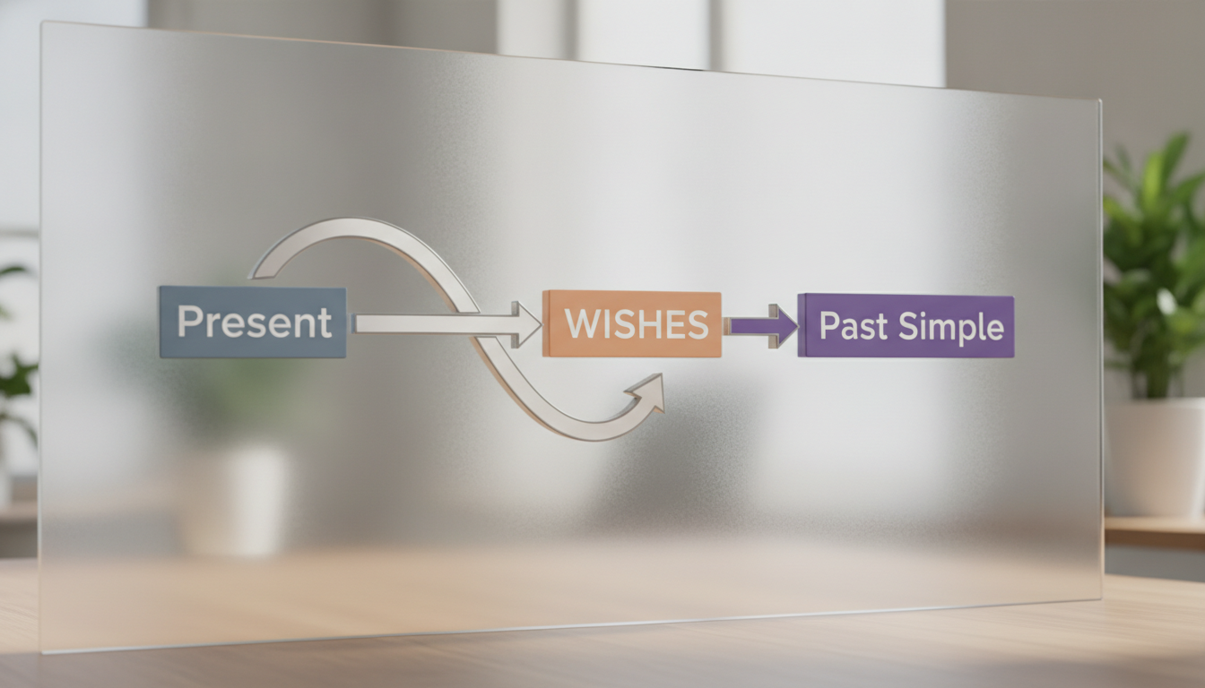 A clean, minimal graphic showing a timeline representing backshifting in English grammar with 'Present' shifting to 'Past Simple' for wishes