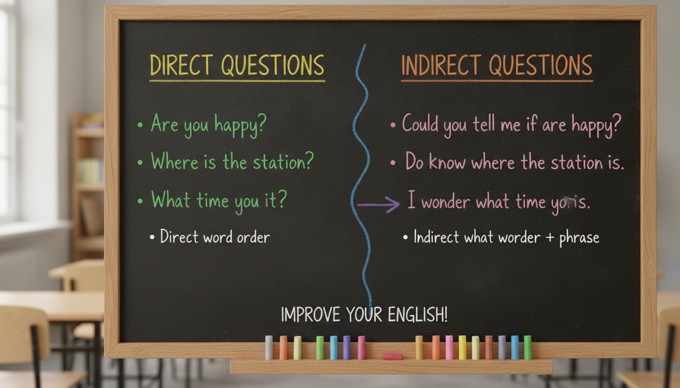 A comparison chart on a chalkboard showing 'Direct Questions' vs 'Indirect Questions' with colorful chalk, clean and educational aesthetic