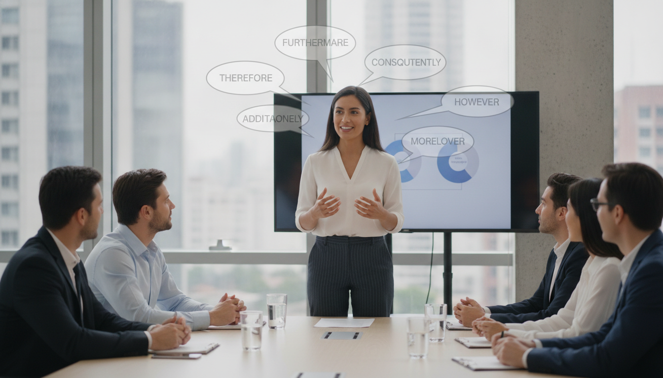 A professional-looking Hispanic woman in her late 20s smiling, confidently presenting in a business meeting, speaking naturally, with a subtle overlay graphics of speech bubbles containing English transition words, modern office environment.