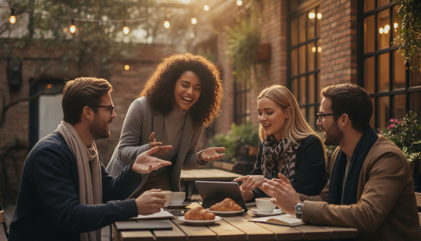 A group of young international friends sitting in a cozy outdoor cafe, laughing and actively discussing a topic, warm natural lighting.