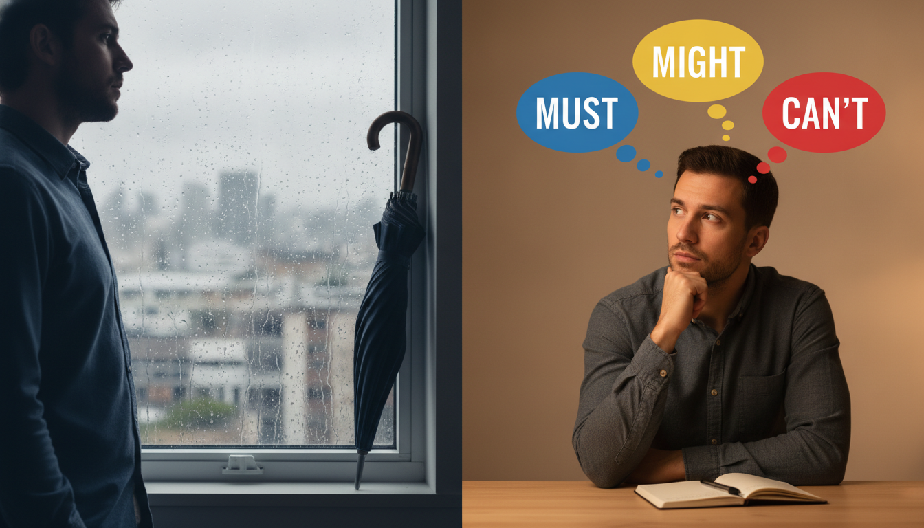 A split screen showing a person looking at a rainy window with a wet umbrella, and another person thinking with thought bubbles containing 'Must', 'Might', 'Can't'