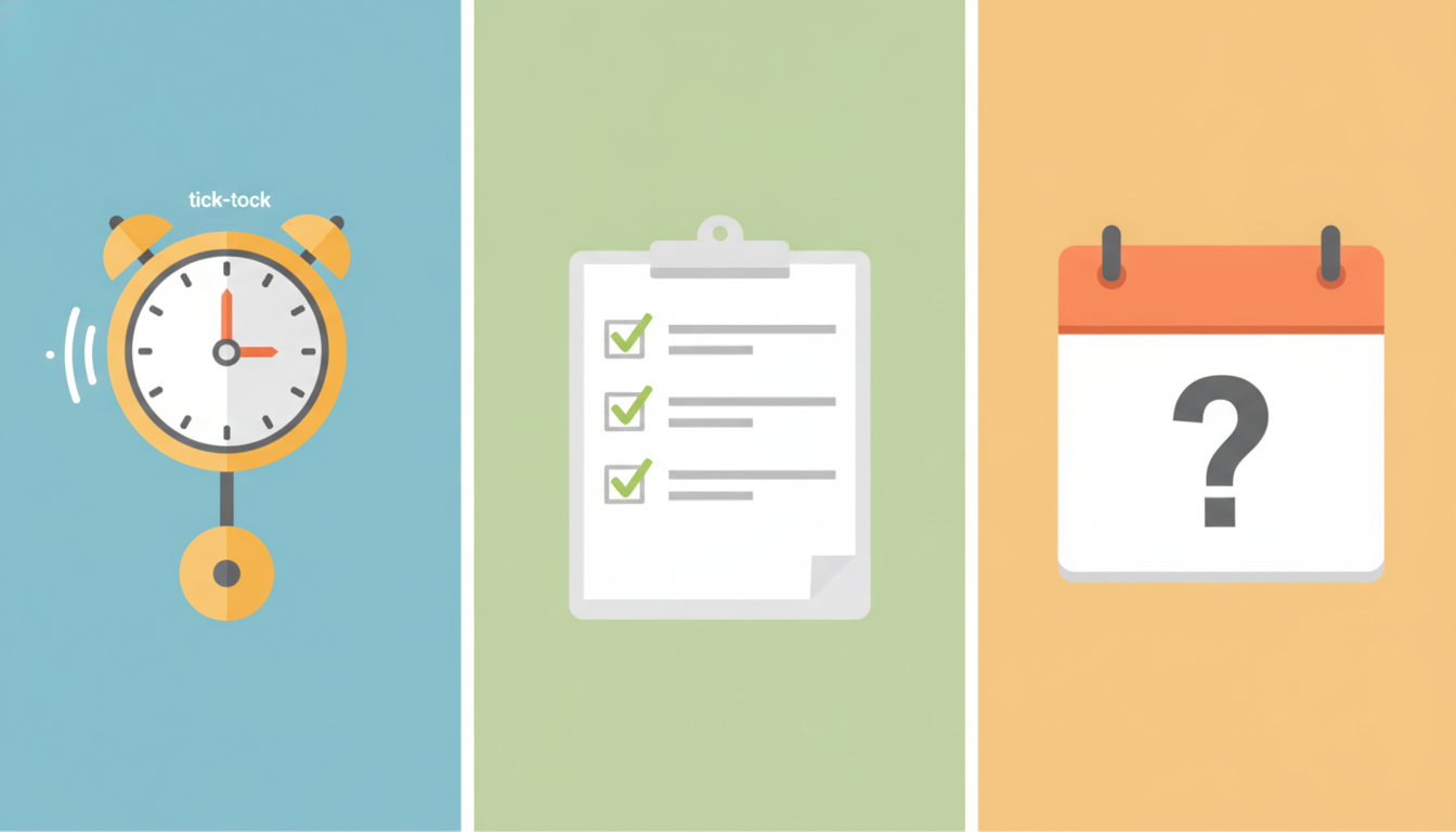 A split-screen graphic with a flat design showing a clock ticking for 'Still', a completed checklist with a green checkmark for 'Already', and an empty calendar with a question mark for 'Yet'.