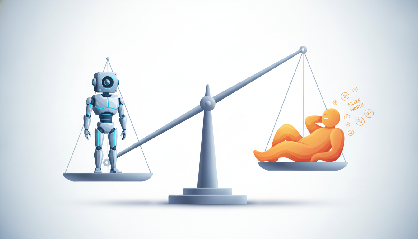 An infographic showing a balance scale with a robotic metal figure on one side representing 'robotic speech' and a relaxed, smiling human silhouette on the other side representing 'natural speech' with filler words, clean vector style.