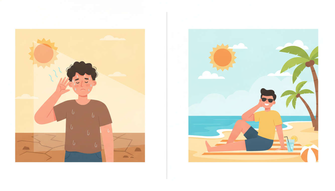 A split-screen illustration showing two everyday scenarios: on the left, a person sweating under a bright sun with the text 'So hot!', on the right, a person enjoying a beautiful sunny beach day with the text 'Such a hot day!', clean modern flat design vector style.