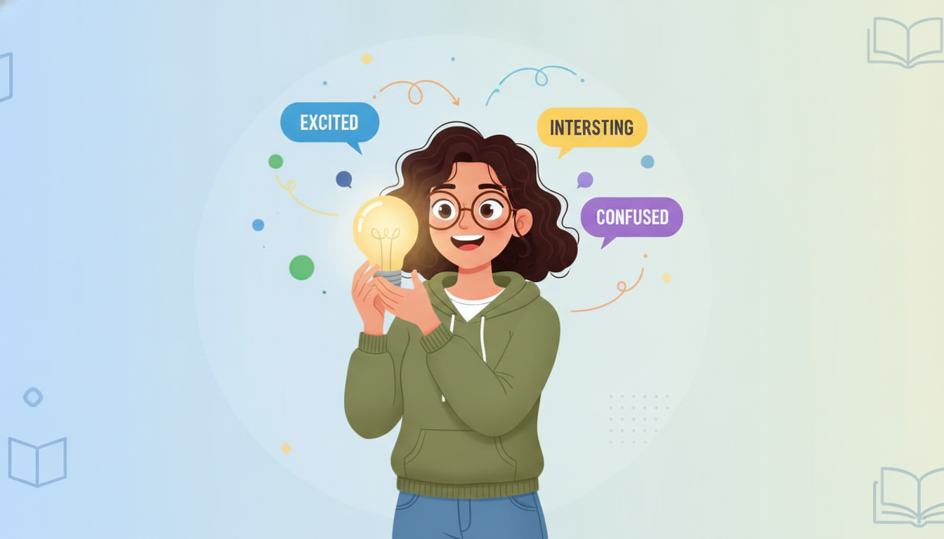 An expressive and modern flat vector design of a student holding a lightbulb, looking happy and clear-headed. Surrounding her are floating English words like 'Excited', 'Interesting', and 'Confused', represented with colorful speech bubbles.