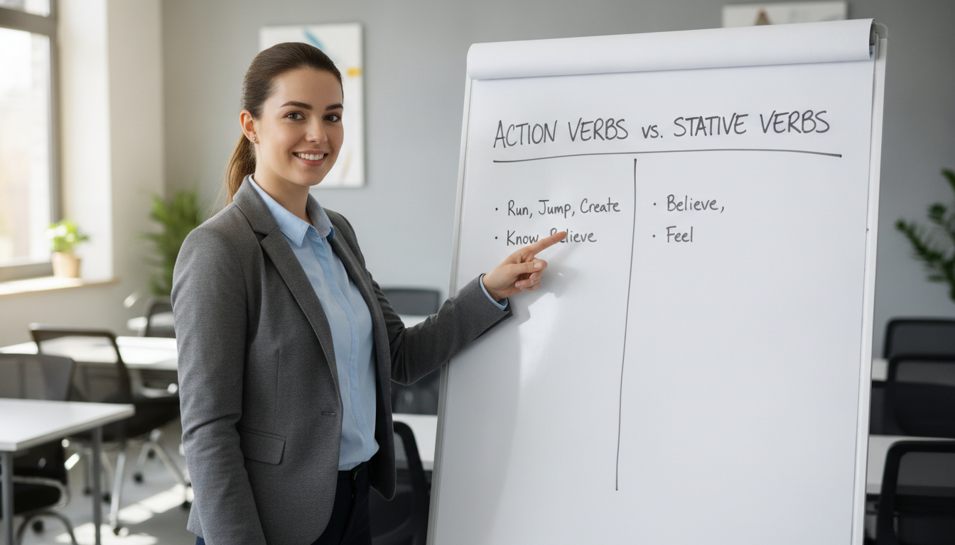 A high-quality photo of a young professional smiling while pointing at a whiteboard with the words 'Action Verbs vs. Stative Verbs' written on it in a bright, modern classroom setting.