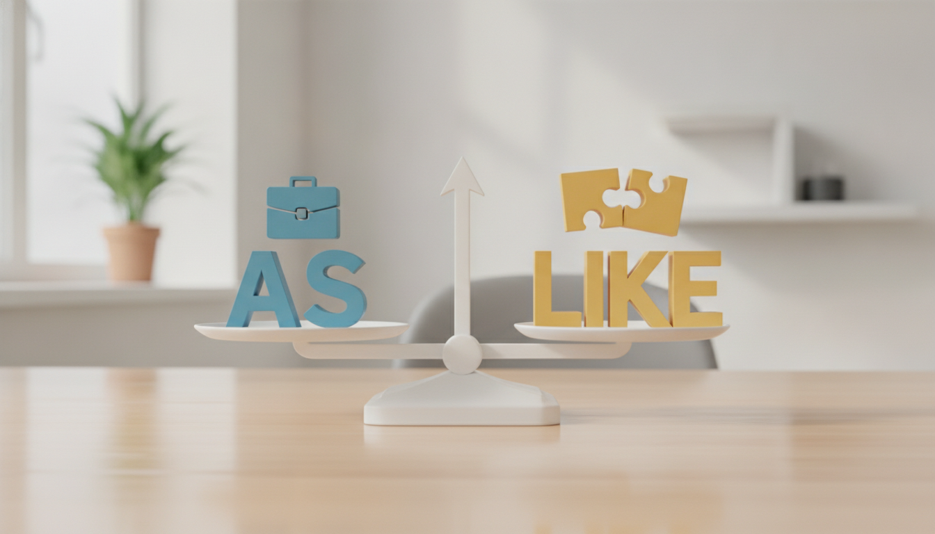 A clean infographic style image showing a scale. On one side, the word 'AS' with an icon of a briefcase (representing jobs/roles). On the other side, the word 'LIKE' with an icon of two identical puzzle pieces fitting together (representing similarity).