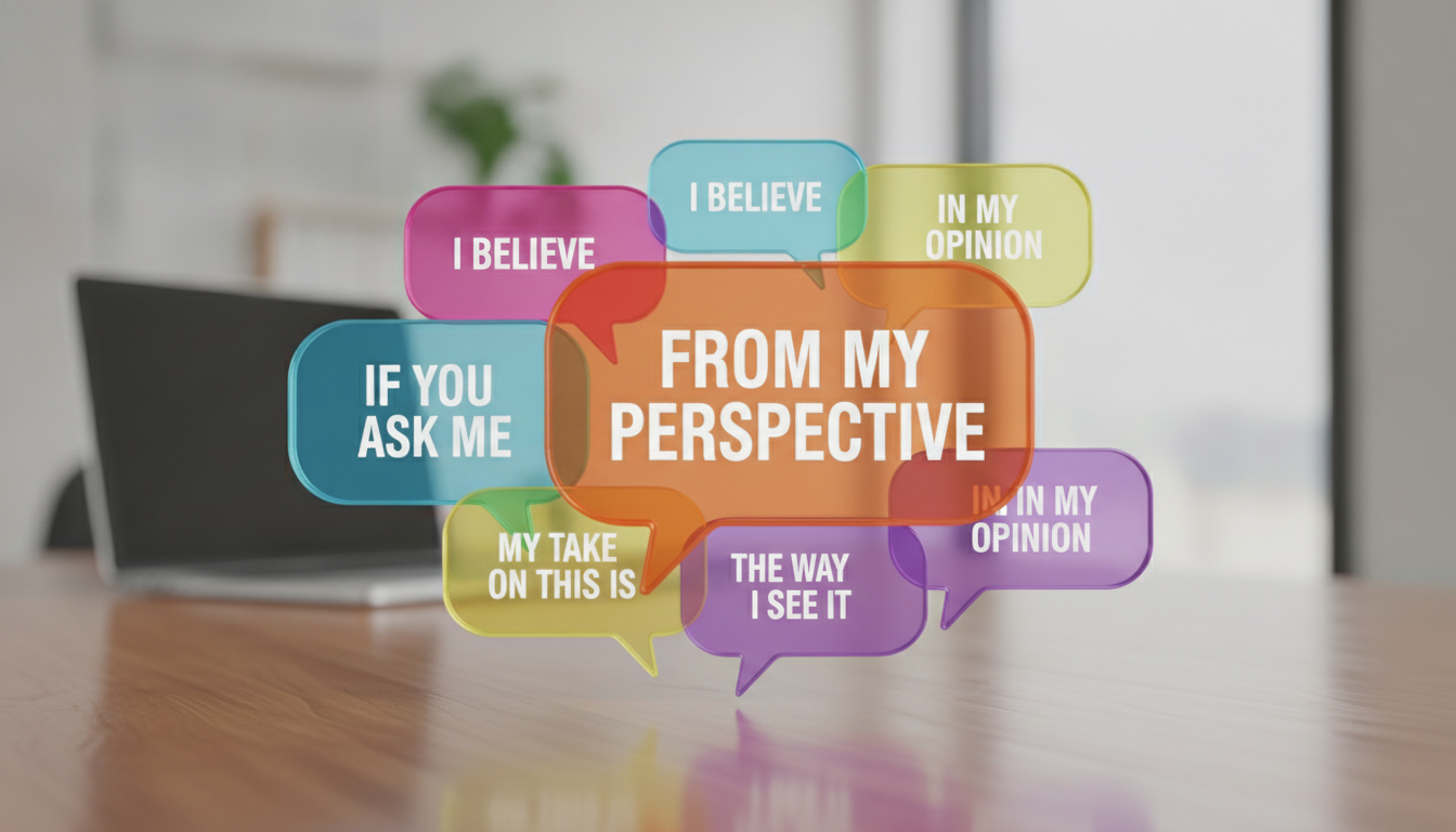 A stylized graphic design of speech bubbles containing different English phrases like 'From my perspective', 'If you ask me', and 'My take on this is' in vibrant colors.
