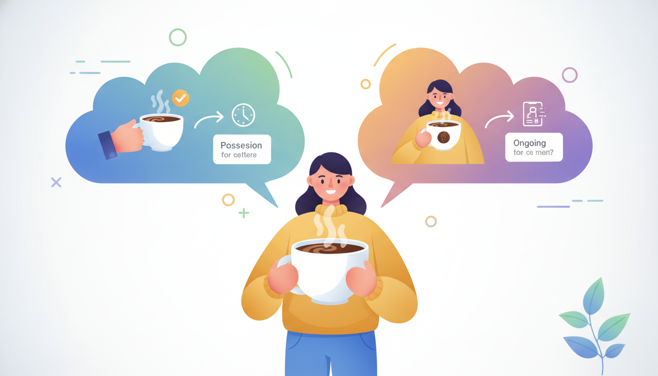 A colorful, modern infographic style illustration showing a character enjoying a cup of coffee, with word bubbles pointing out the difference between 'I have a coffee' and 'I am having a coffee'.