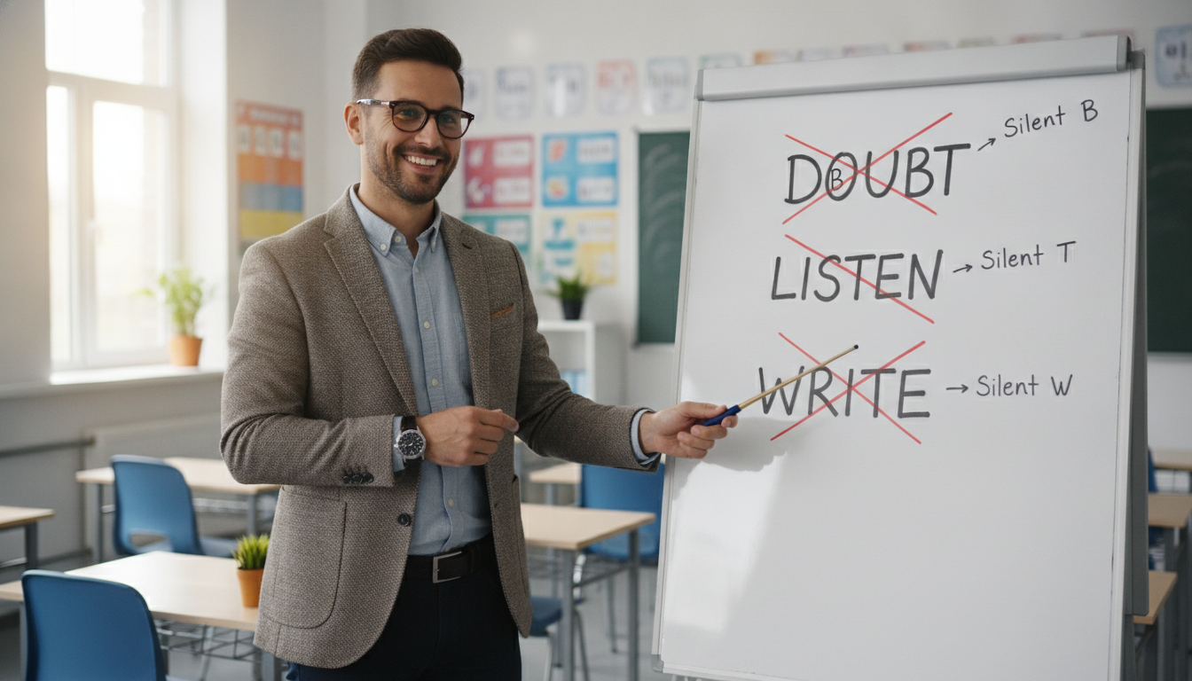 A friendly and cool English teacher pointing to a whiteboard where words like 'Doubt', 'Listen', and 'Write' are written, with red diagonal lines crossing out the silent letters 'b', 't', and 'w', realistic style, bright classroom environment.