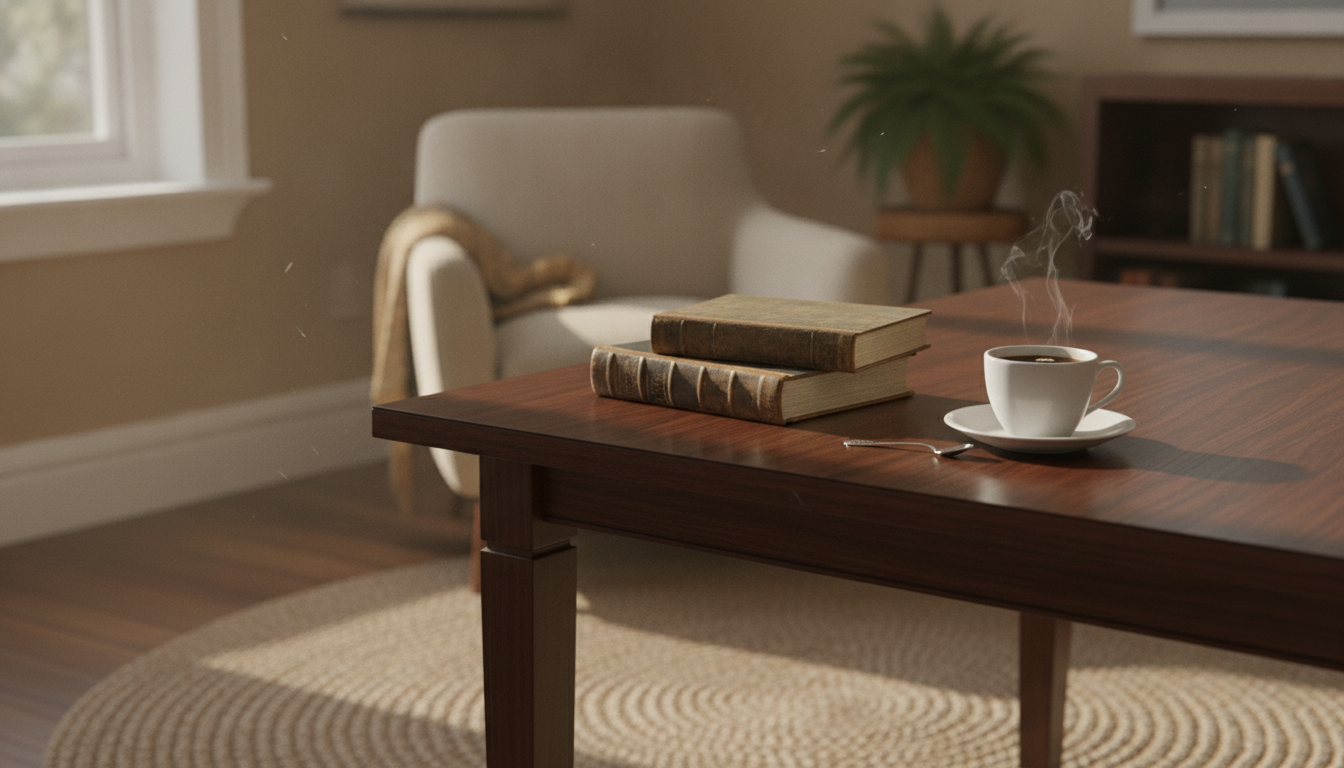 An elegant wooden dining table with a few vintage books and a cup of coffee on it, cozy and bright room, soft natural light, cinematic style