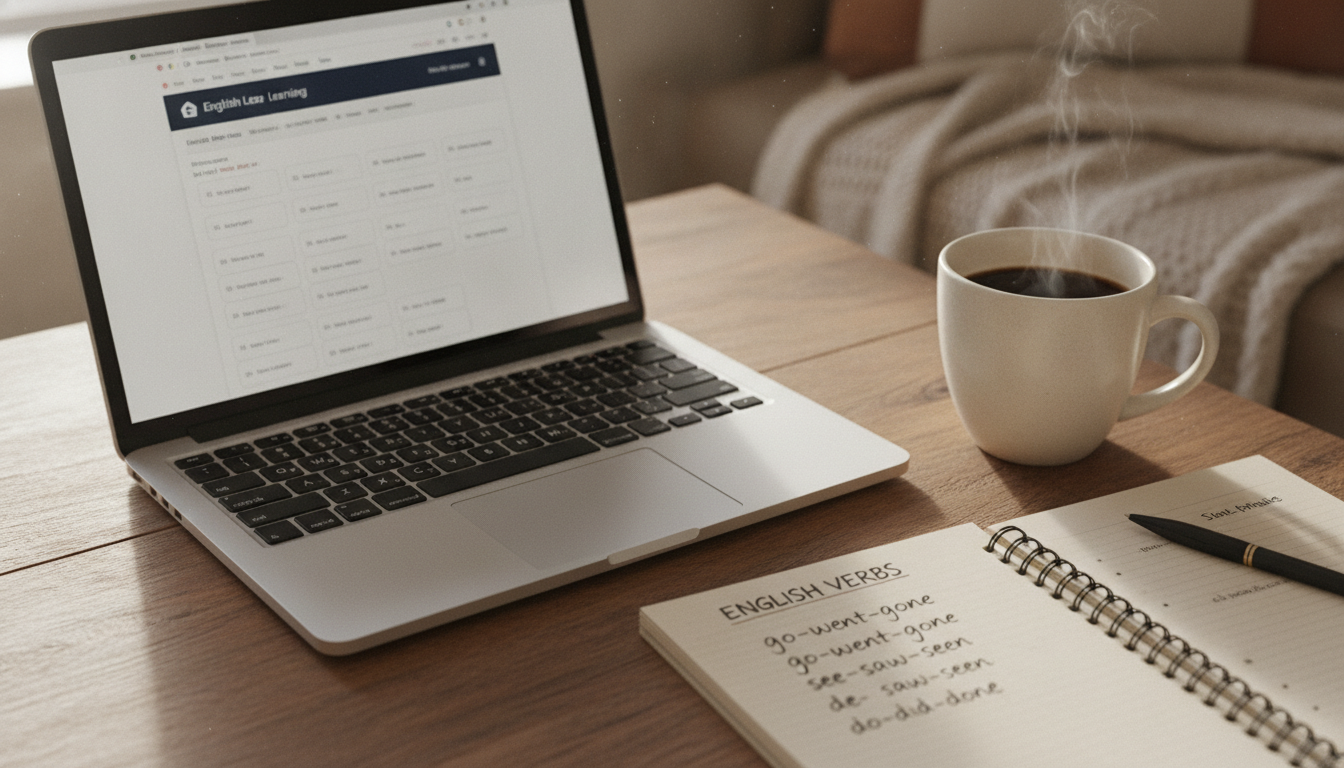 A close-up of a wooden table with a laptop open showing an English learning platform, a cup of coffee, and a notebook with handwritten notes about English verbs, cozy study setup, soft natural lighting