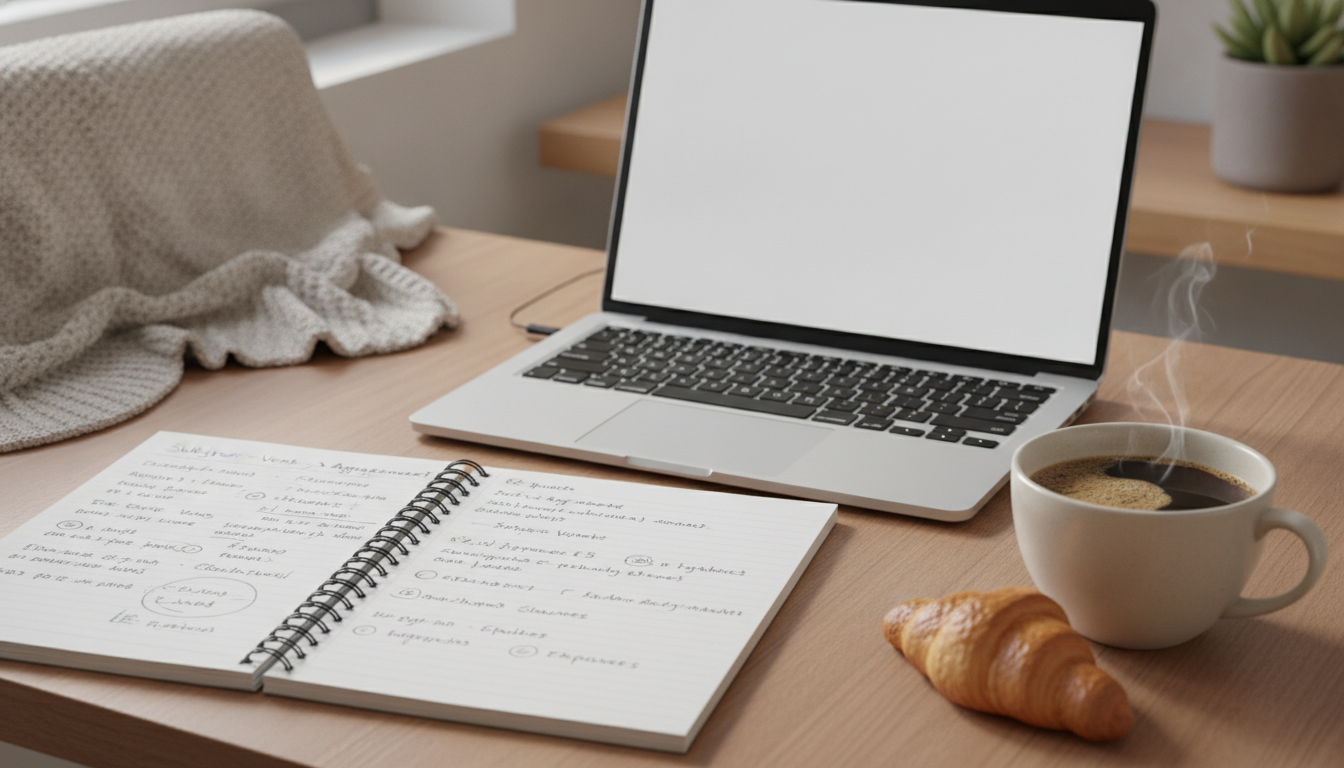 A close-up shot of a modern workspace with a laptop, a notebook with handwritten notes about English grammar, and a fresh cup of coffee, creating an inviting and warm study atmosphere.