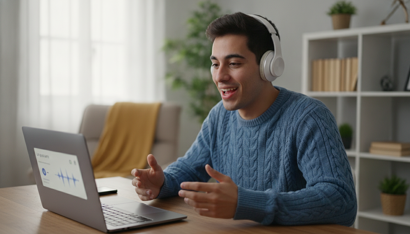 A young Hispanic adult student with headphones on, practicing pronunciation in front of a laptop, looking happy and confident, cozy home office background