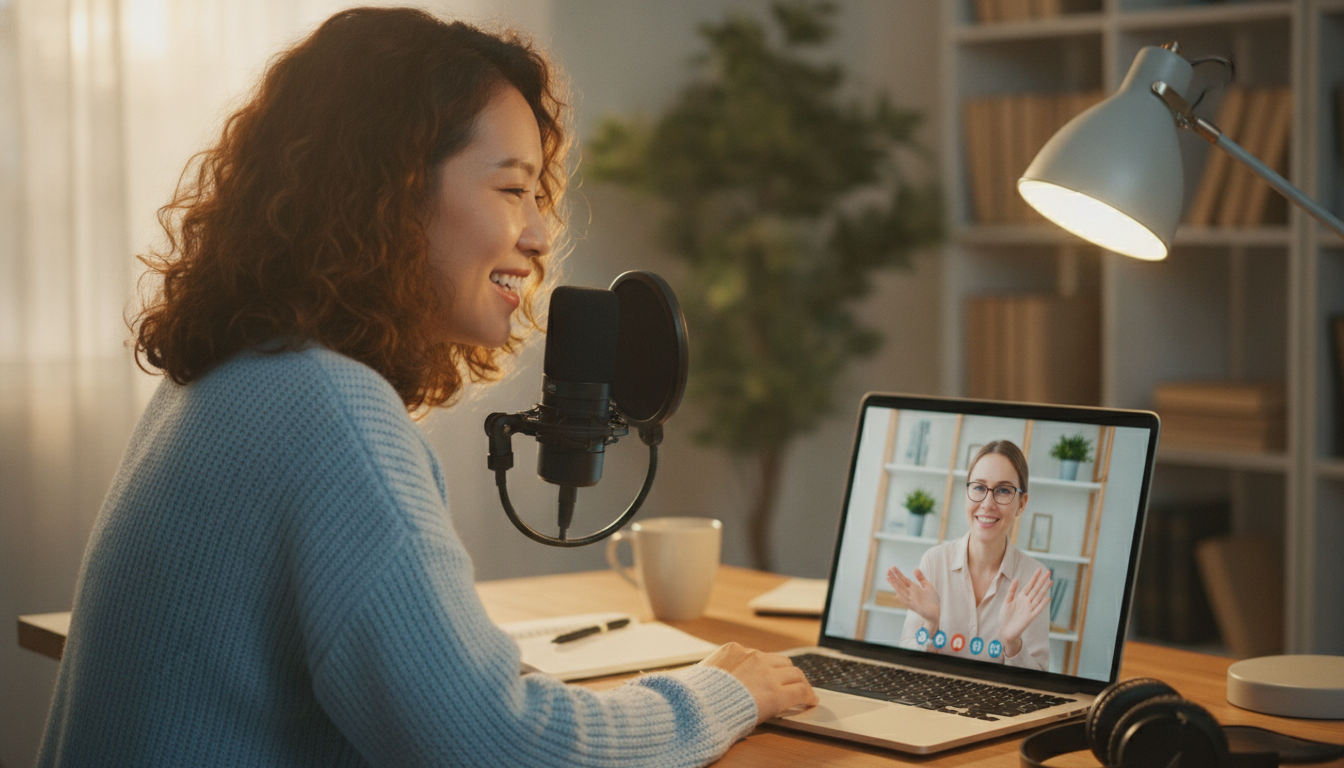 A close-up of a cheerful person speaking into a microphone during an online English class, with a laptop screen displaying a supportive teacher, bright and warm lighting, professional educational concept.