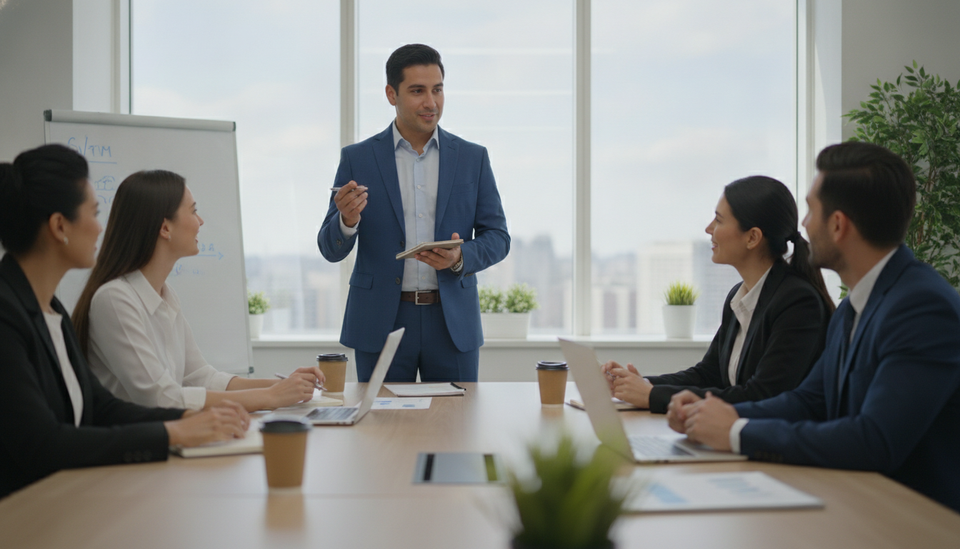 A professional business meeting where a latino professional is politely asking a question to colleagues, realistic, confident and bright office setting