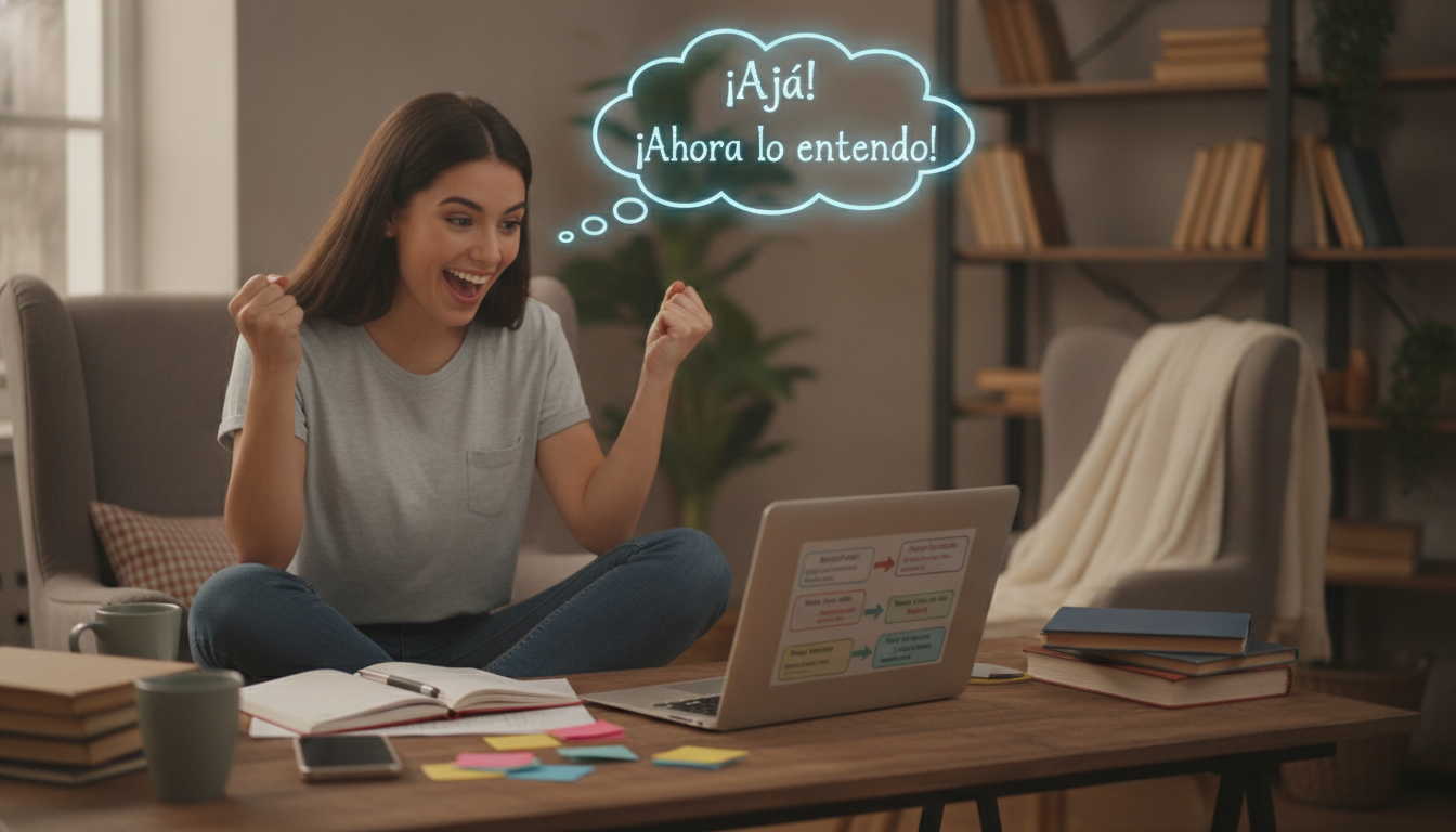 An excited Spanish-speaking student sitting at a desk with a laptop, smiling because she finally understands a difficult English grammar concept, cozy study room background, realistic photo style.