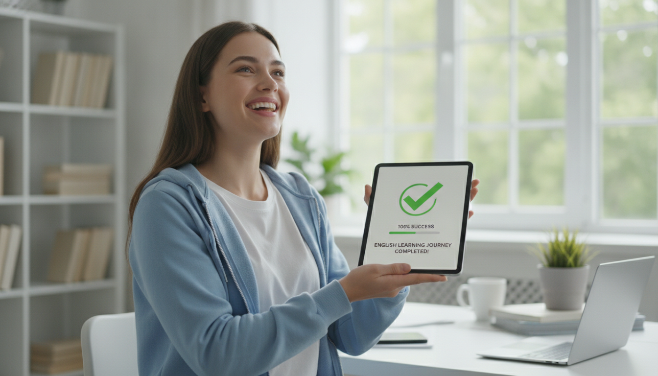 A cheerful student holding a tablet with a checklist showing 100% success, celebrating learning English, modern online education vibe