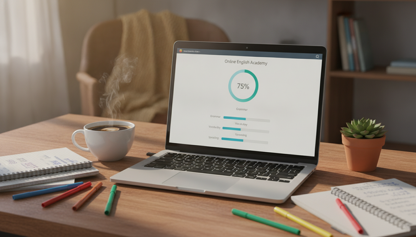 An open laptop on a cozy wooden desk with a cup of coffee, showing an online English academy dashboard with progress bars, notebooks and colorful pens around, warm lighting, study motivation vibes.