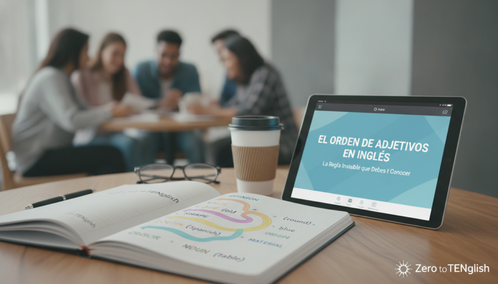 Create a stunning, professional hero image for a blog post titled "El Orden de los Adjetivos en Inglés: La Regla Invisible que Debes Conocer". Context: Somos Zero to TENglish, una academia de inglés online para hispanohablantes. Ofrecemos cursos estructurados por niveles CEFR: A1 (Zero to Beginner), A2 (Beginner to Explorer), B1 (Explorer to Speaker), B2 (Speaker to Pro), C1 (Pro to Fluent), y un programa especial para niños llamado Tiny Talkers. También ofrecemos un examen diagnóstico gratuito. TEMÁTICAS DEL BLOG (variar entre todas): - Tips y técnicas para aprender inglés más rápido - Gramática explicada de forma simple y práctica (tiempos verbales, preposiciones, condicionales, etc.) - Vocabulario temático (negocios, viajes, tecnología, medicina, vida diaria) - Phrasal verbs y expresiones idiomáticas con ejemplos reales - Errores comunes que cometen los hispanohablantes en inglés - Diferencias entre inglés americano y británico - Pronunciación y fonética (sonidos difíciles para hispanohablantes) - Preparación para exámenes (TOEFL, IELTS, Cambridge) - Inglés para situaciones específicas (entrevistas de trabajo, presentaciones, viajes) - Cultura anglosajona (costumbres, festividades, modismos culturales) - Recursos y herramientas para practicar inglés por tu cuenta - Historias de éxito y motivación para estudiantes - Comparativas español-inglés (false friends, cognados, estructuras diferentes) - Listening y comprensión auditiva (series, podcasts, música recomendada) - Business English y vocabulario profesional TONO Y ESTILO: - Amigable, cercano y motivador, como un profesor cool que te explica con ejemplos prácticos - Siempre incluir ejemplos en inglés con su traducción al español entre paréntesis - Usar analogías con situaciones cotidianas para explicar conceptos - Incluir mini-ejercicios o desafíos al final cuando sea posible - Cada artículo debe hacer que el lector sienta que aprendió algo útil de inmediato PÚBLICO OBJETIVO: - Adultos hispanohablantes de 18-45 años que quieren aprender o mejorar su inglés - Desde principiantes absolutos hasta niveles intermedios-avanzados - Personas que buscan mejorar su inglés por trabajo, viajes o desarrollo personal SEO: - Enfocar cada artículo en una keyword principal relacionada con aprender inglés - Usar preguntas que la gente buscaría en Google como parte de los títulos y headings - Incluir keywords long-tail naturalmente en el contenido CATEGORÍAS DISPONIBLES (usar de 1 a 2 por artículo): - Gramática - Vocabulario - Pronunciación - Tips de Aprendizaje - Business English - Cultura - Expresiones y Modismos - Exámenes - Recursos. The image should be eye-catching, modern, and relevant to the topic. Use vibrant colors and professional composition. Photorealistic style.