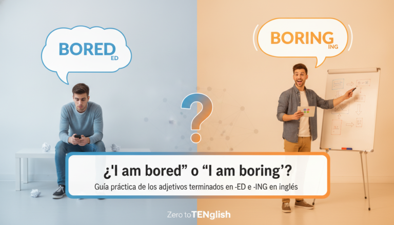 Create a stunning, professional hero image for a blog post titled "¿"I am bored" o "I am boring"? Guía práctica de los adjetivos terminados en -ED e -ING en inglés". Context: Somos Zero to TENglish, una academia de inglés online para hispanohablantes. Ofrecemos cursos estructurados por niveles CEFR: A1 (Zero to Beginner), A2 (Beginner to Explorer), B1 (Explorer to Speaker), B2 (Speaker to Pro), C1 (Pro to Fluent), y un programa especial para niños llamado Tiny Talkers. También ofrecemos un examen diagnóstico gratuito. TEMÁTICAS DEL BLOG (variar entre todas): - Tips y técnicas para aprender inglés más rápido - Gramática explicada de forma simple y práctica (tiempos verbales, preposiciones, condicionales, etc.) - Vocabulario temático (negocios, viajes, tecnología, medicina, vida diaria) - Phrasal verbs y expresiones idiomáticas con ejemplos reales - Errores comunes que cometen los hispanohablantes en inglés - Diferencias entre inglés americano y británico - Pronunciación y fonética (sonidos difíciles para hispanohablantes) - Preparación para exámenes (TOEFL, IELTS, Cambridge) - Inglés para situaciones específicas (entrevistas de trabajo, presentaciones, viajes) - Cultura anglosajona (costumbres, festividades, modismos culturales) - Recursos y herramientas para practicar inglés por tu cuenta - Historias de éxito y motivación para estudiantes - Comparativas español-inglés (false friends, cognados, estructuras diferentes) - Listening y comprensión auditiva (series, podcasts, música recomendada) - Business English y vocabulario profesional TONO Y ESTILO: - Amigable, cercano y motivador, como un profesor cool que te explica con ejemplos prácticos - Siempre incluir ejemplos en inglés con su traducción al español entre paréntesis - Usar analogías con situaciones cotidianas para explicar conceptos - Incluir mini-ejercicios o desafíos al final cuando sea posible - Cada artículo debe hacer que el lector sienta que aprendió algo útil de inmediato PÚBLICO OBJETIVO: - Adultos hispanohablantes de 18-45 años que quieren aprender o mejorar su inglés - Desde principiantes absolutos hasta niveles intermedios-avanzados - Personas que buscan mejorar su inglés por trabajo, viajes o desarrollo personal SEO: - Enfocar cada artículo en una keyword principal relacionada con aprender inglés - Usar preguntas que la gente buscaría en Google como parte de los títulos y headings - Incluir keywords long-tail naturalmente en el contenido CATEGORÍAS DISPONIBLES (usar de 1 a 2 por artículo): - Gramática - Vocabulario - Pronunciación - Tips de Aprendizaje - Business English - Cultura - Expresiones y Modismos - Exámenes - Recursos. The image should be eye-catching, modern, and relevant to the topic. Use vibrant colors and professional composition. Photorealistic style.
