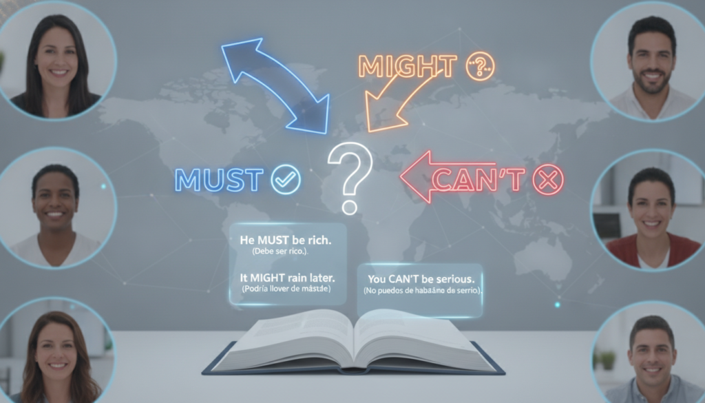 Create a stunning, professional hero image for a blog post titled "¿Must, Might o Can't? Cómo usar los verbos modales de deducción en inglés". Context: Somos Zero to TENglish, una academia de inglés online para hispanohablantes. Ofrecemos cursos estructurados por niveles CEFR: A1 (Zero to Beginner), A2 (Beginner to Explorer), B1 (Explorer to Speaker), B2 (Speaker to Pro), C1 (Pro to Fluent), y un programa especial para niños llamado Tiny Talkers. También ofrecemos un examen diagnóstico gratuito. TEMÁTICAS DEL BLOG (variar entre todas): - Tips y técnicas para aprender inglés más rápido - Gramática explicada de forma simple y práctica (tiempos verbales, preposiciones, condicionales, etc.) - Vocabulario temático (negocios, viajes, tecnología, medicina, vida diaria) - Phrasal verbs y expresiones idiomáticas con ejemplos reales - Errores comunes que cometen los hispanohablantes en inglés - Diferencias entre inglés americano y británico - Pronunciación y fonética (sonidos difíciles para hispanohablantes) - Preparación para exámenes (TOEFL, IELTS, Cambridge) - Inglés para situaciones específicas (entrevistas de trabajo, presentaciones, viajes) - Cultura anglosajona (costumbres, festividades, modismos culturales) - Recursos y herramientas para practicar inglés por tu cuenta - Historias de éxito y motivación para estudiantes - Comparativas español-inglés (false friends, cognados, estructuras diferentes) - Listening y comprensión auditiva (series, podcasts, música recomendada) - Business English y vocabulario profesional TONO Y ESTILO: - Amigable, cercano y motivador, como un profesor cool que te explica con ejemplos prácticos - Siempre incluir ejemplos en inglés con su traducción al español entre paréntesis - Usar analogías con situaciones cotidianas para explicar conceptos - Incluir mini-ejercicios o desafíos al final cuando sea posible - Cada artículo debe hacer que el lector sienta que aprendió algo útil de inmediato PÚBLICO OBJETIVO: - Adultos hispanohablantes de 18-45 años que quieren aprender o mejorar su inglés - Desde principiantes absolutos hasta niveles intermedios-avanzados - Personas que buscan mejorar su inglés por trabajo, viajes o desarrollo personal SEO: - Enfocar cada artículo en una keyword principal relacionada con aprender inglés - Usar preguntas que la gente buscaría en Google como parte de los títulos y headings - Incluir keywords long-tail naturalmente en el contenido CATEGORÍAS DISPONIBLES (usar de 1 a 2 por artículo): - Gramática - Vocabulario - Pronunciación - Tips de Aprendizaje - Business English - Cultura - Expresiones y Modismos - Exámenes - Recursos. The image should be eye-catching, modern, and relevant to the topic. Use vibrant colors and professional composition. Photorealistic style.