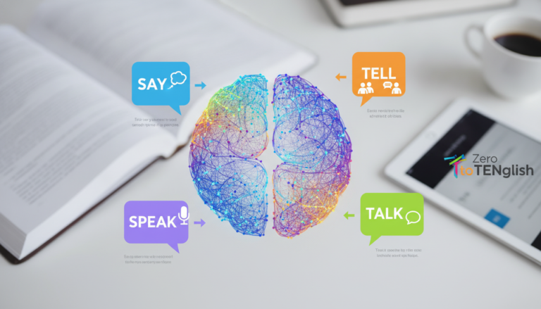 Create a stunning, professional hero image for a blog post titled "Say, Tell, Speak o Talk: Guía Práctica para No Volver a Confundirlos". Context: Somos Zero to TENglish, una academia de inglés online para hispanohablantes. Ofrecemos cursos estructurados por niveles CEFR: A1 (Zero to Beginner), A2 (Beginner to Explorer), B1 (Explorer to Speaker), B2 (Speaker to Pro), C1 (Pro to Fluent), y un programa especial para niños llamado Tiny Talkers. También ofrecemos un examen diagnóstico gratuito. TEMÁTICAS DEL BLOG (variar entre todas): - Tips y técnicas para aprender inglés más rápido - Gramática explicada de forma simple y práctica (tiempos verbales, preposiciones, condicionales, etc.) - Vocabulario temático (negocios, viajes, tecnología, medicina, vida diaria) - Phrasal verbs y expresiones idiomáticas con ejemplos reales - Errores comunes que cometen los hispanohablantes en inglés - Diferencias entre inglés americano y británico - Pronunciación y fonética (sonidos difíciles para hispanohablantes) - Preparación para exámenes (TOEFL, IELTS, Cambridge) - Inglés para situaciones específicas (entrevistas de trabajo, presentaciones, viajes) - Cultura anglosajona (costumbres, festividades, modismos culturales) - Recursos y herramientas para practicar inglés por tu cuenta - Historias de éxito y motivación para estudiantes - Comparativas español-inglés (false friends, cognados, estructuras diferentes) - Listening y comprensión auditiva (series, podcasts, música recomendada) - Business English y vocabulario profesional TONO Y ESTILO: - Amigable, cercano y motivador, como un profesor cool que te explica con ejemplos prácticos - Siempre incluir ejemplos en inglés con su traducción al español entre paréntesis - Usar analogías con situaciones cotidianas para explicar conceptos - Incluir mini-ejercicios o desafíos al final cuando sea posible - Cada artículo debe hacer que el lector sienta que aprendió algo útil de inmediato PÚBLICO OBJETIVO: - Adultos hispanohablantes de 18-45 años que quieren aprender o mejorar su inglés - Desde principiantes absolutos hasta niveles intermedios-avanzados - Personas que buscan mejorar su inglés por trabajo, viajes o desarrollo personal SEO: - Enfocar cada artículo en una keyword principal relacionada con aprender inglés - Usar preguntas que la gente buscaría en Google como parte de los títulos y headings - Incluir keywords long-tail naturalmente en el contenido CATEGORÍAS DISPONIBLES (usar de 1 a 2 por artículo): - Gramática - Vocabulario - Pronunciación - Tips de Aprendizaje - Business English - Cultura - Expresiones y Modismos - Exámenes - Recursos. The image should be eye-catching, modern, and relevant to the topic. Use vibrant colors and professional composition. Photorealistic style.