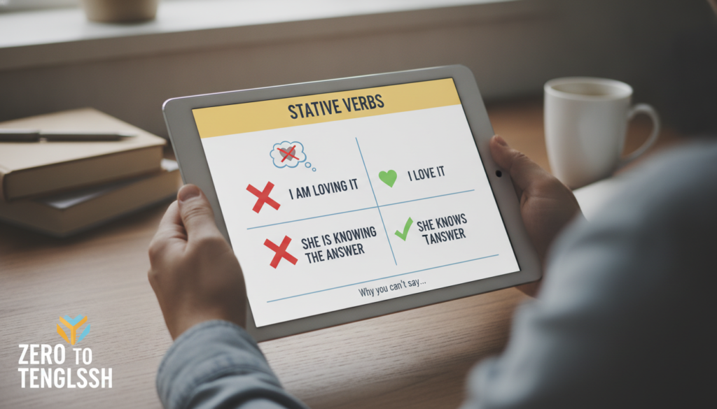 Create a stunning, professional hero image for a blog post titled "Stative Verbs en inglés: por qué no puedes decir "I am loving it" (y cómo usarlos bien)". Context: Somos Zero to TENglish, una academia de inglés online para hispanohablantes. Ofrecemos cursos estructurados por niveles CEFR: A1 (Zero to Beginner), A2 (Beginner to Explorer), B1 (Explorer to Speaker), B2 (Speaker to Pro), C1 (Pro to Fluent), y un programa especial para niños llamado Tiny Talkers. También ofrecemos un examen diagnóstico gratuito. TEMÁTICAS DEL BLOG (variar entre todas): - Tips y técnicas para aprender inglés más rápido - Gramática explicada de forma simple y práctica (tiempos verbales, preposiciones, condicionales, etc.) - Vocabulario temático (negocios, viajes, tecnología, medicina, vida diaria) - Phrasal verbs y expresiones idiomáticas con ejemplos reales - Errores comunes que cometen los hispanohablantes en inglés - Diferencias entre inglés americano y británico - Pronunciación y fonética (sonidos difíciles para hispanohablantes) - Preparación para exámenes (TOEFL, IELTS, Cambridge) - Inglés para situaciones específicas (entrevistas de trabajo, presentaciones, viajes) - Cultura anglosajona (costumbres, festividades, modismos culturales) - Recursos y herramientas para practicar inglés por tu cuenta - Historias de éxito y motivación para estudiantes - Comparativas español-inglés (false friends, cognados, estructuras diferentes) - Listening y comprensión auditiva (series, podcasts, música recomendada) - Business English y vocabulario profesional TONO Y ESTILO: - Amigable, cercano y motivador, como un profesor cool que te explica con ejemplos prácticos - Siempre incluir ejemplos en inglés con su traducción al español entre paréntesis - Usar analogías con situaciones cotidianas para explicar conceptos - Incluir mini-ejercicios o desafíos al final cuando sea posible - Cada artículo debe hacer que el lector sienta que aprendió algo útil de inmediato PÚBLICO OBJETIVO: - Adultos hispanohablantes de 18-45 años que quieren aprender o mejorar su inglés - Desde principiantes absolutos hasta niveles intermedios-avanzados - Personas que buscan mejorar su inglés por trabajo, viajes o desarrollo personal SEO: - Enfocar cada artículo en una keyword principal relacionada con aprender inglés - Usar preguntas que la gente buscaría en Google como parte de los títulos y headings - Incluir keywords long-tail naturalmente en el contenido CATEGORÍAS DISPONIBLES (usar de 1 a 2 por artículo): - Gramática - Vocabulario - Pronunciación - Tips de Aprendizaje - Business English - Cultura - Expresiones y Modismos - Exámenes - Recursos. The image should be eye-catching, modern, and relevant to the topic. Use vibrant colors and professional composition. Photorealistic style.